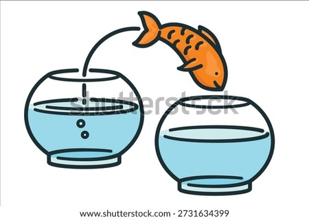 Goldfish jumping from one fish bowl into another cartoon vector illustration