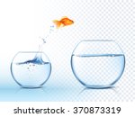Goldfish jumping out one fishbowl to another aquarium with clear water against light checkered background poster vector illustration 