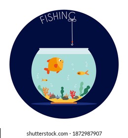 Goldfish jumping out one fishbowl. Aquarium with swimming gold exotic fish. Underwater aquarium habitat with sea plants. Flat vector drawn illustration, isolated objects.