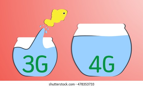 Goldfish jumping from small bowl to another large bowl, Paper cut art style
