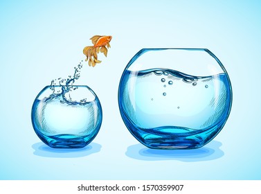 Goldfish jumping from the small fishbowl to bigger, hand drawn vector sketch illustration