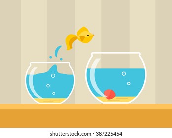 Goldfish jumping from small glass aquarium to big one, vector illustration