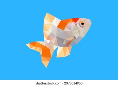 Goldfish low polygon on blue background, one bright yellow fish swimming in clear water, glitter gold crystal pet illustration.