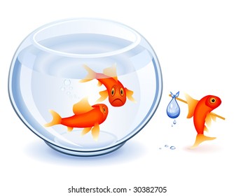 Goldfish moving from his fishbowl with bundle