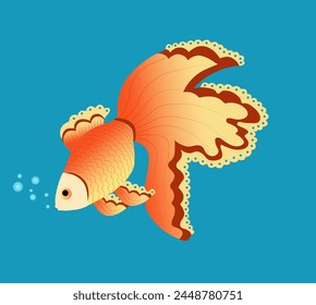 Pez dorado sobre un fondo azul con burbujas de aire. Ilustración vectorial de peces de acuario coloridos.