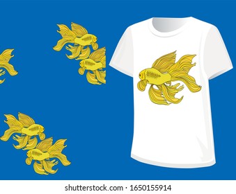 Goldfish on blue background. Seamless pattern for t shirt. Vector illustration