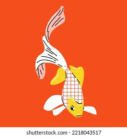 Goldfish on red background. Abstract geometric aquarium fish. Hand drawn modern style vector illustration