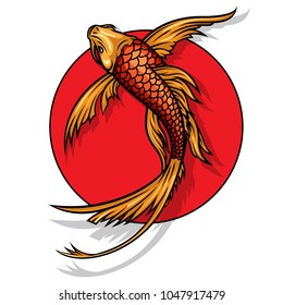 Goldfish on red sun vector illustration. Symbols of luck and happiness. Good for posters, logos, prints, tattoo ideas. 