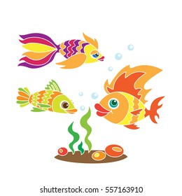 Goldfish on a white background, aquarium fish, children's illustration