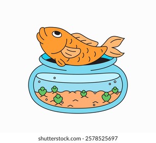 Goldfish out of its bowl in cartoon hand drawn vector illustration in retro vintage style