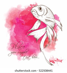 Goldfish painted in vintage style . Vector illustration. Abstract Background with Watercolor Stains