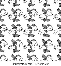 Goldfish pattern, black color, contour, isolated on white background, stock vector illustration for design and decor, prints, fabrics, wrapping paper, nautical theme, eco, sea, japanese print