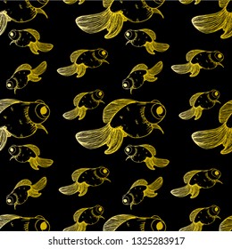 Goldfish pattern, gold color, contour, on black background, stock vector illustration for design and decor, prints, fabrics, wrapping paper, nautical theme, luxury