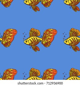 Goldfish pattern on a dark background. Hand drawn vector stock illustration