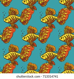 Goldfish pattern on a dark background. Hand drawn vector stock illustration