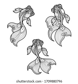 Patrón de pez dorado.
Dibujo estilizado de Zentangle aislado de fondo blanco. 
Dibujo manual de dibujo para el libro de colorantes adultos. 
