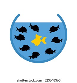 Goldfish and Piranha in Aquarium. Evil Ocean predators surrounded  yellow good fish. Hopeless situation.
