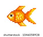 Goldfish, pixel art symbol isolated on white background. Pet animal.Popular aquarium fish. Chinese symbol of wealth and good luck. Old school 8 bit slot machine icon.Retro 80s; 90s video game graphics