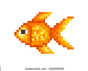 Goldfish, pixel art symbol isolated on white background. Pet animal.Popular aquarium fish. Chinese symbol of wealth and good luck. Old school 8 bit slot machine icon.Retro 80s; 90s video game graphics