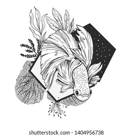 Goldfish, plants and geometry. Modern illustration. Great for printing on t-shirts, tattoo sketches. Vector