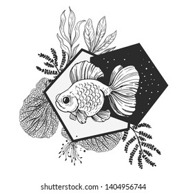 Goldfish, plants and geometry. Modern illustration. Great for printing on t-shirts, tattoo sketches. Vector