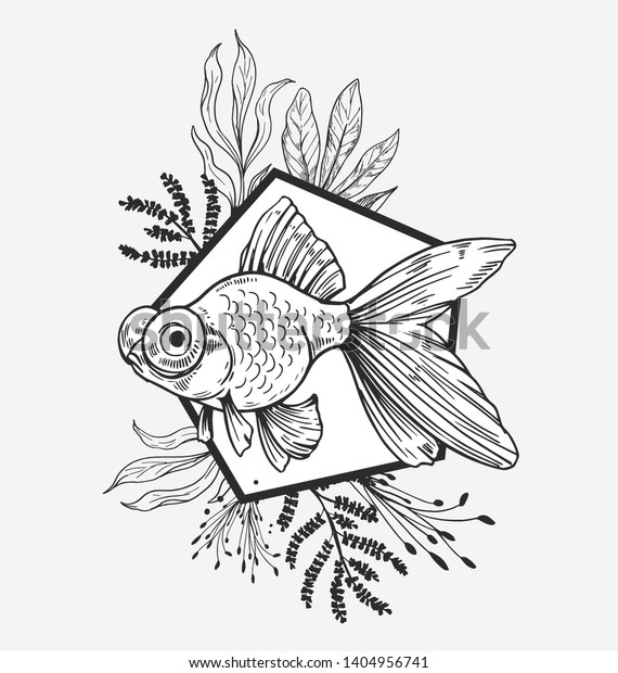 金魚 植物 幾何学 現代のイラスト Tシャツ タトゥーのスケッチに印刷するのに最適です ベクター画像 のベクター画像素材 ロイヤリティフリー