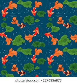 Goldfish and plants in a pattern.Vector pattern with goldfish and water plants on a colored background.