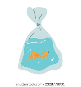 Goldfish in a plastic bag. Fish transportation. Aquatic domestic animal. Isolated vector illustration