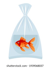 Goldfish in a plastic bag with water. Colorful vector illustration in flat style