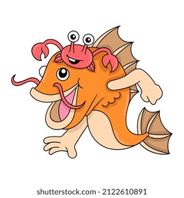 pez dorado jugando con cangrejo rojo, ilustración vectorial art. doodle imagen kawaii.