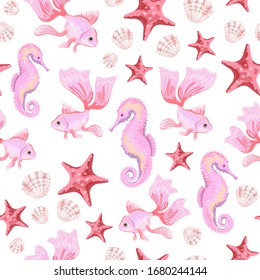 Goldfish, Red starfish, pink shells and Sea Horse. Seamless pattern with the image of fish. Imitation of watercolor. Isolated illustration.