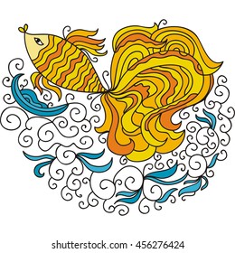 Goldfish and sea waves. Vector illustration.