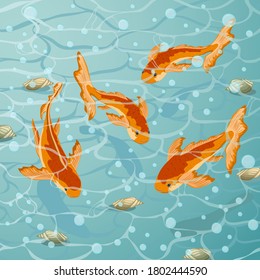 Goldfish and seashells in the water.Illustration with goldfish and seashells in blue water.