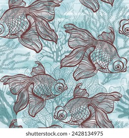 Goldfish and seaweed on blue watercolor background. Seamless vector pattern. Unique hand drawn illustration. Perfect for design templates, wallpaper, wrapping, fabric and textile. 