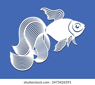 Goldfish silhouette. White fish with a beautiful large tail, carved fins on a blue background. Template for plotter laser cutting of paper, fretwork, wood carving, metal engraving, cnc. Vector image.