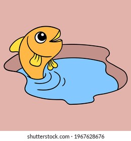 goldfish swim happily in puddles of water, vector illustration art. doodle icon image kawaii.