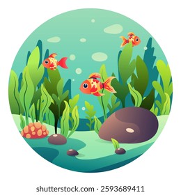 Peixes-dourados nadam debaixo d'água rodeados por algas