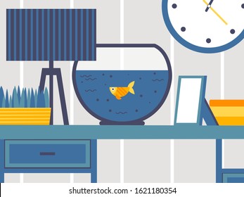 Goldfish swimming in a tabletop aquarium, flat style vector illustration. Interior design, aquatic pets for home or office. Fish tank on table, small decorative cartoon fish in round aquarium indoors