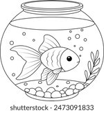 Goldfish swimming in a transparent round glass fishbowl coloring page. Fish glass round aquarium.