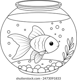 Goldfish swimming in a transparent round glass fishbowl coloring page. Fish glass round aquarium.