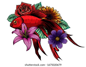 Goldfish swimming. Zentangle stylized cartoon isolated on white background.