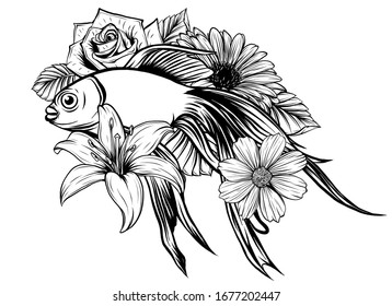 Goldfish swimming. Zentangle stylized cartoon isolated on white background.