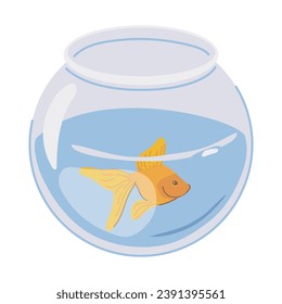 A goldfish swims alone in a round aquarium. Vector bright orange fish in flat style. A pet in fishbowl on a white background.