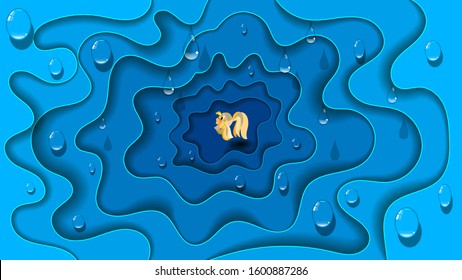 a goldfish swims among the blue, overlapping and covered with drops of a transparent liquid, abstract shapes with smooth wavy edges and a stroke. Beautiful art wallpaper. vector image