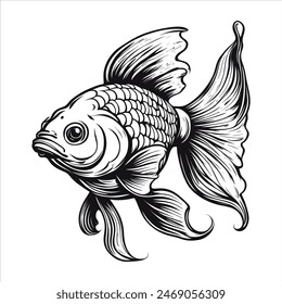 Goldfish tattoo with cool black writing outline style art made hand drawn not AI