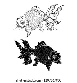 Goldfish tattoo.Lucky Chainese animal isolate and outline vector.Goldfish on Red background for Chinese new year.