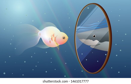 Goldfish under blue sea looking into miror and see a reflection of a Great White shark. Concept idea for self improvement, self esteem, businees ambition. 