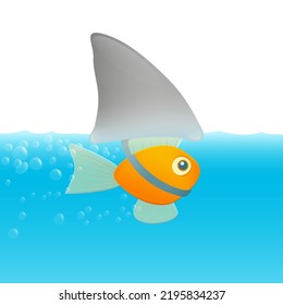 Goldfish Under The Guise Of A Fake Shark Fin, Symbol For Deception, Bluff, Trick, Sham, Disguise And Illusion. Vector Comic Illustration.
