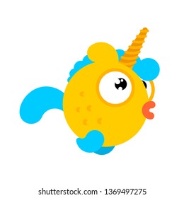 Goldfish with unicorn horn isolated. Gold Fish Magic Sea animal vector. ocean character
