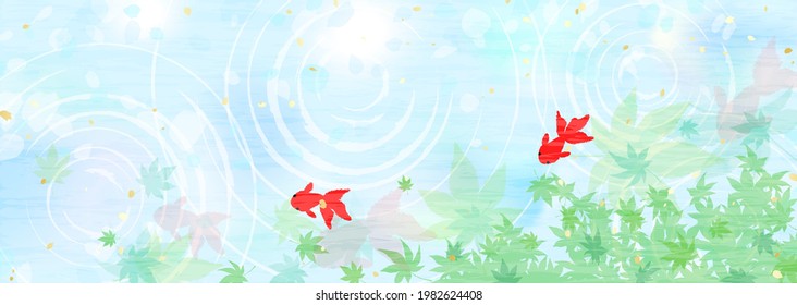 Goldfish and water crests on the surface of the water. Cool summer background illustration